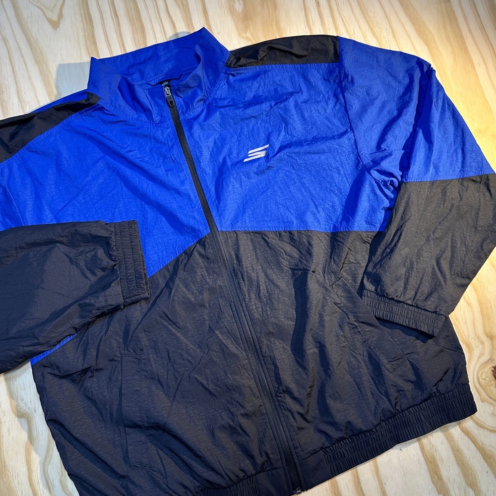 Skechers Mens XL Blue Black Colorblock Full Zip Mesh Lined Windbreaker Jacket